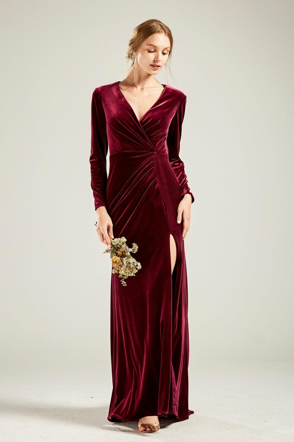 red velvet long sleeve wrap dress Long Sleeve Velvet HV415 Custom / Peach-FX05
