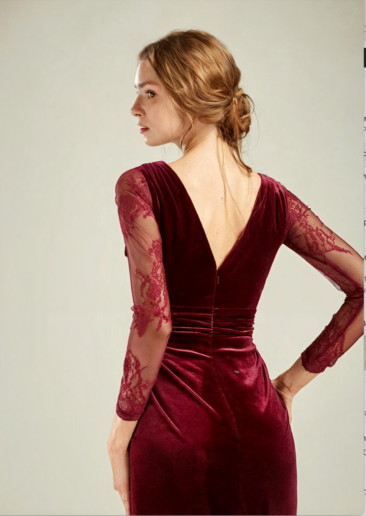 Burgundy Velvet Gown with Lace Sleeves Renzrags Custom Lace Sleeves / EnglishRose-FX13 Burgundy Velvet Gown with Lace Sleeves Renzrags Custom Lace Sleeves / EnglishRose-FX13
