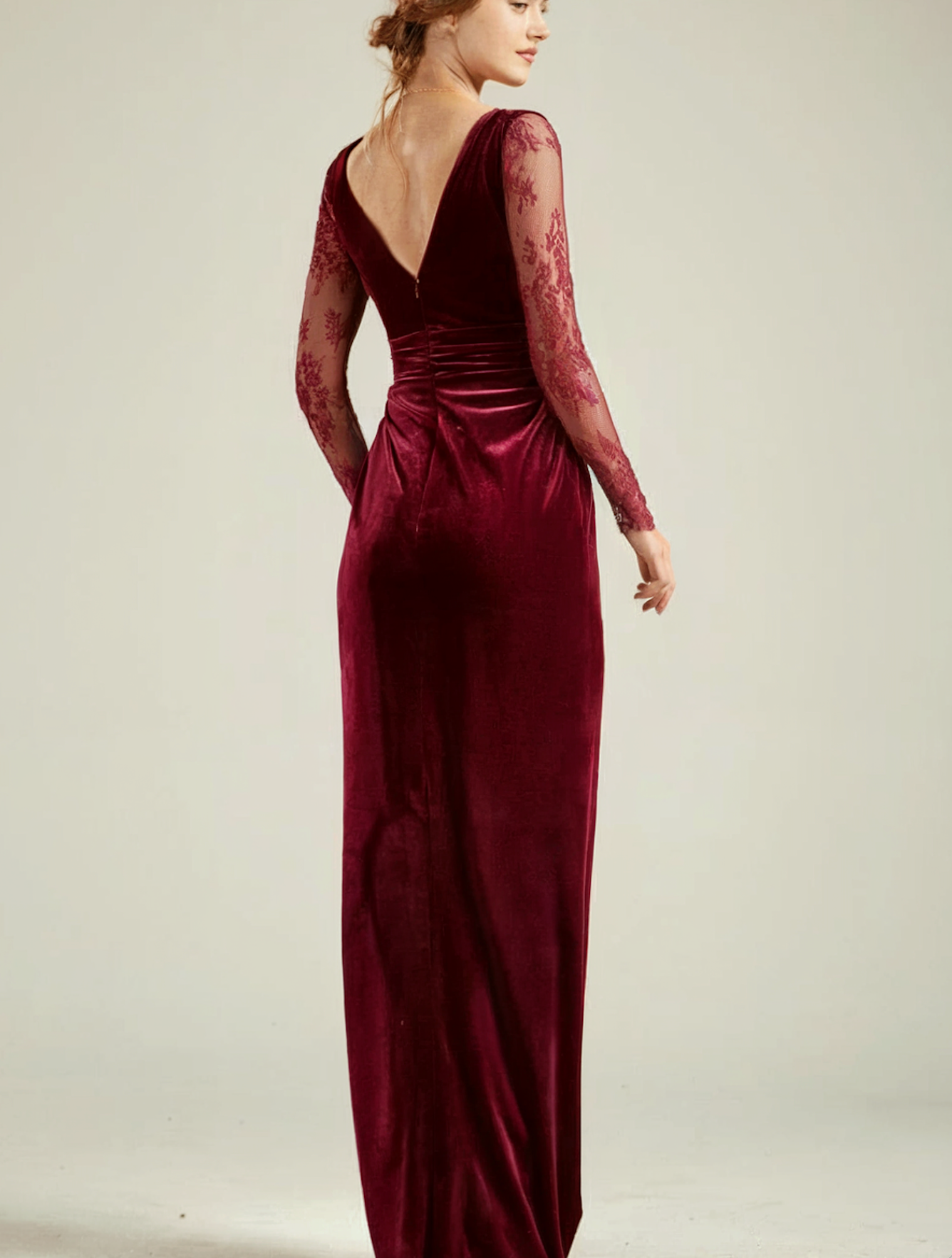 velvet burgundy long sleeve dress Elegant Long Sleeves Sheath Ruched Velvet Bridesmaid Dresses with Slit, Burgundy main image 1