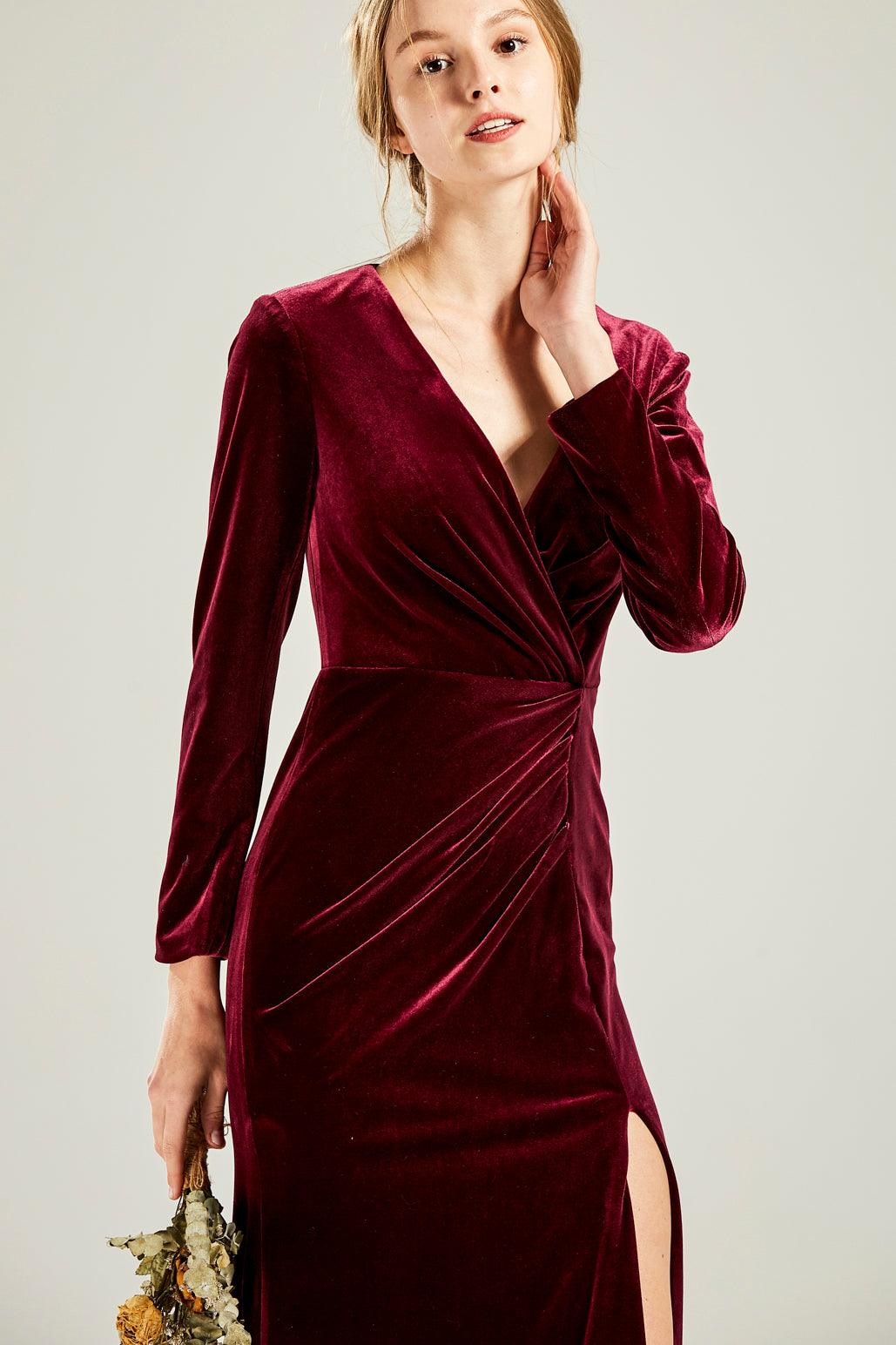 red velvet long sleeve wrap dress Markum Long-Sleeve Velvet Flounce Gown