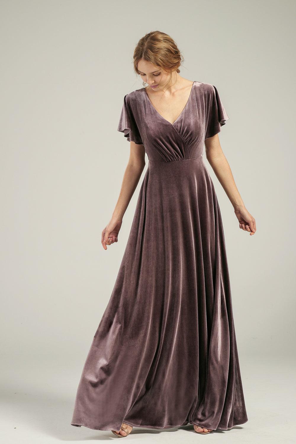 Amelia Velvet dress cap sleeves dress bridesmaid dress long Custom / DarkMauve-FX11