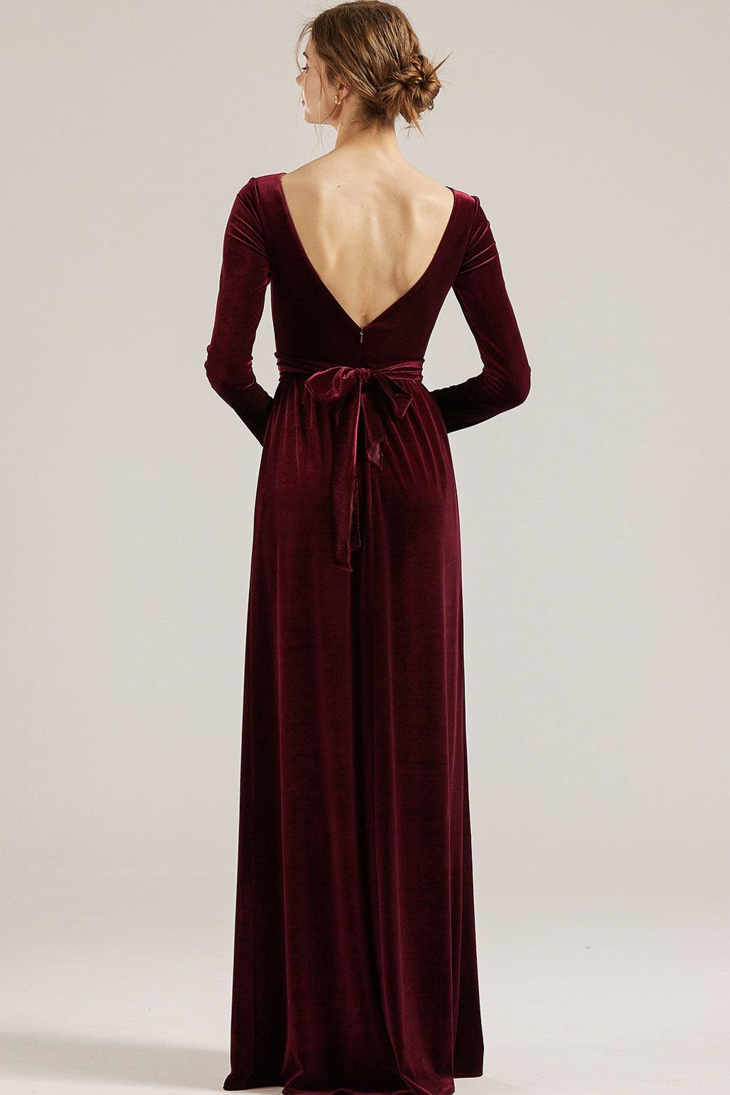 Renzrags Burgundy Bridesmaid Dress Women's Custom Velvet Bridesmaid Dress Long Sleeve Dress CV037