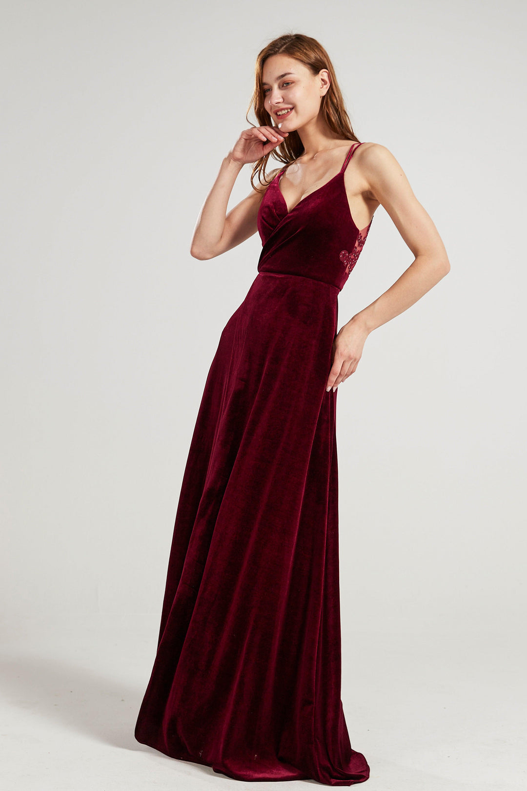 v neck velvet dress V Neck Velvet dress hv939 bridesmaid dress long V back designer dress Custom / DustyRose-FX01