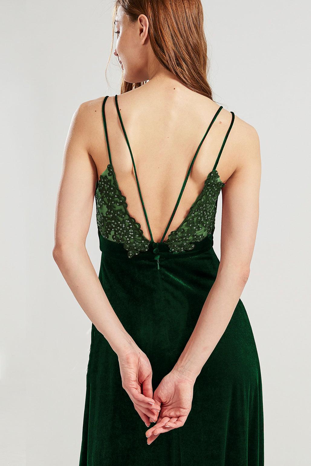 V Neck Velvet dress hv939 bridesmaid dress long V back designer dress Custom / DarkGreen-FV78