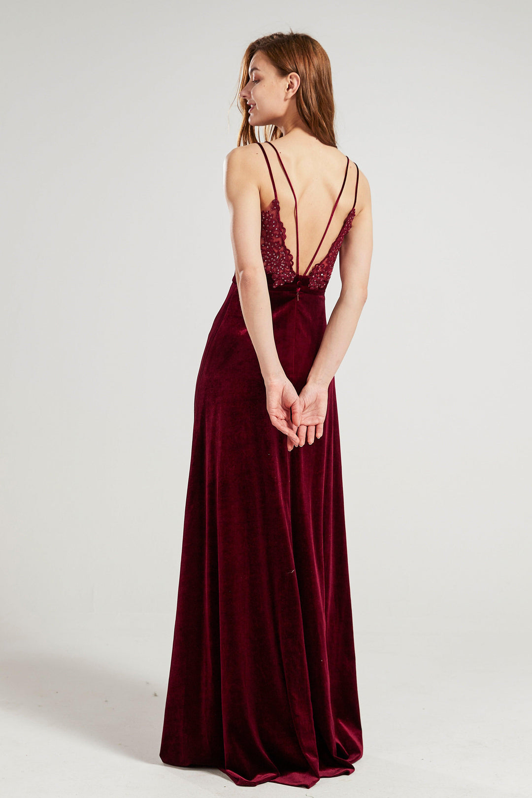 V Neck Velvet dress hv939 bridesmaid dress long V back designer dress Custom / DustyRose-FX01