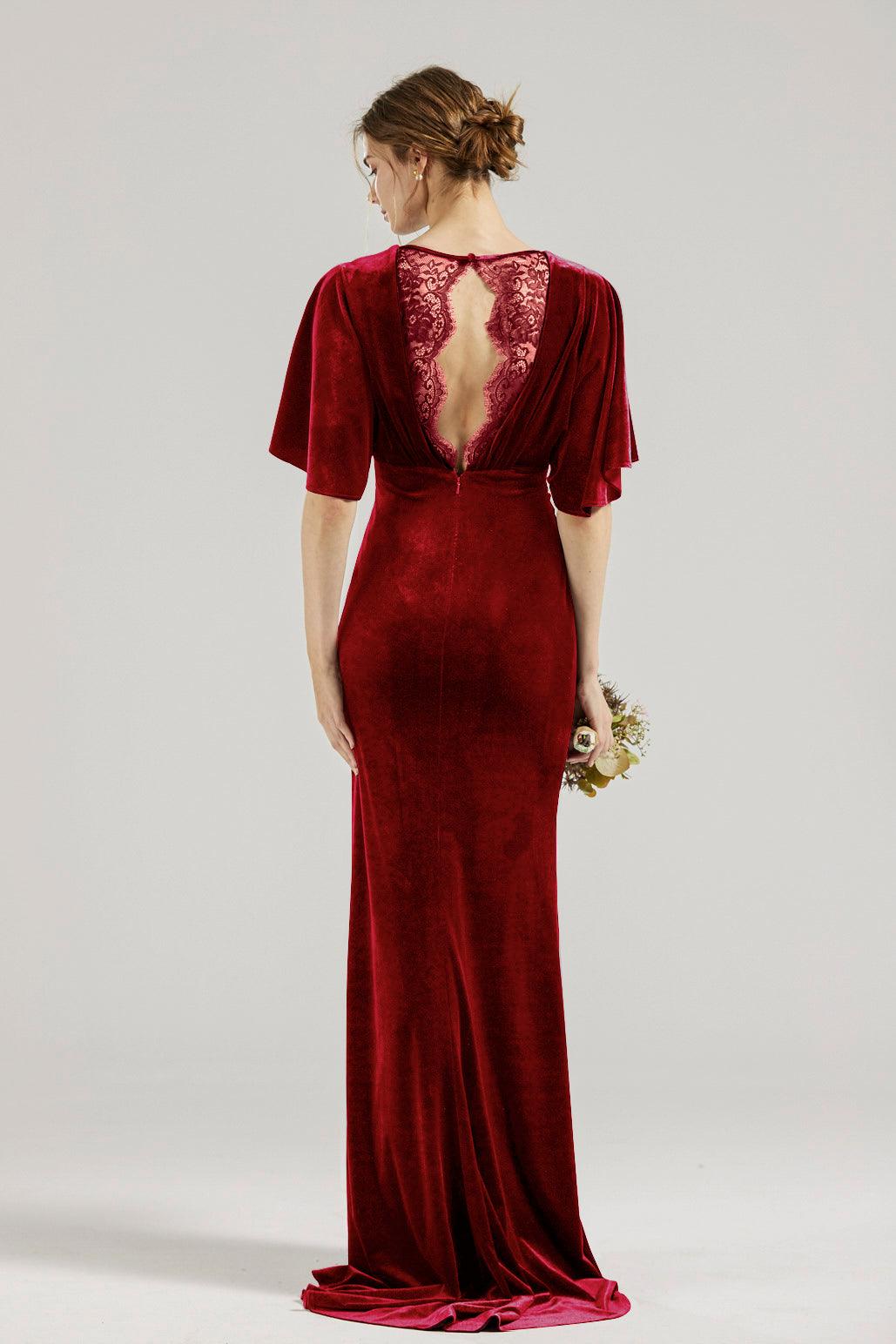 V Neck Velvet Dress HV945 Custom / Wine-FV83