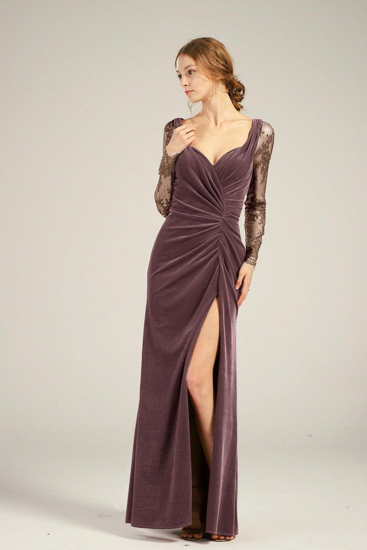 Sweetheart Dress HV426 long sleeves velvet dress slit maxi dress - RENZRAGS