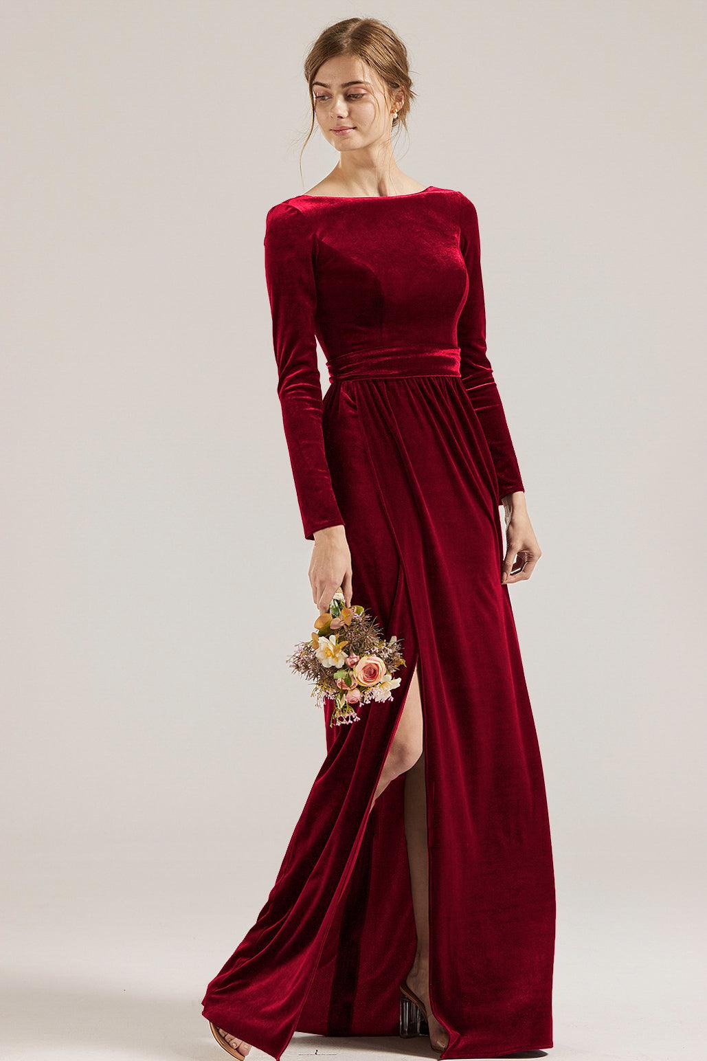 chinese dress ladies Elegant Velvet Long Sleeves V-neckline Prom Dress. Velvet Bridesmaid D –  Cutedressy main image 1